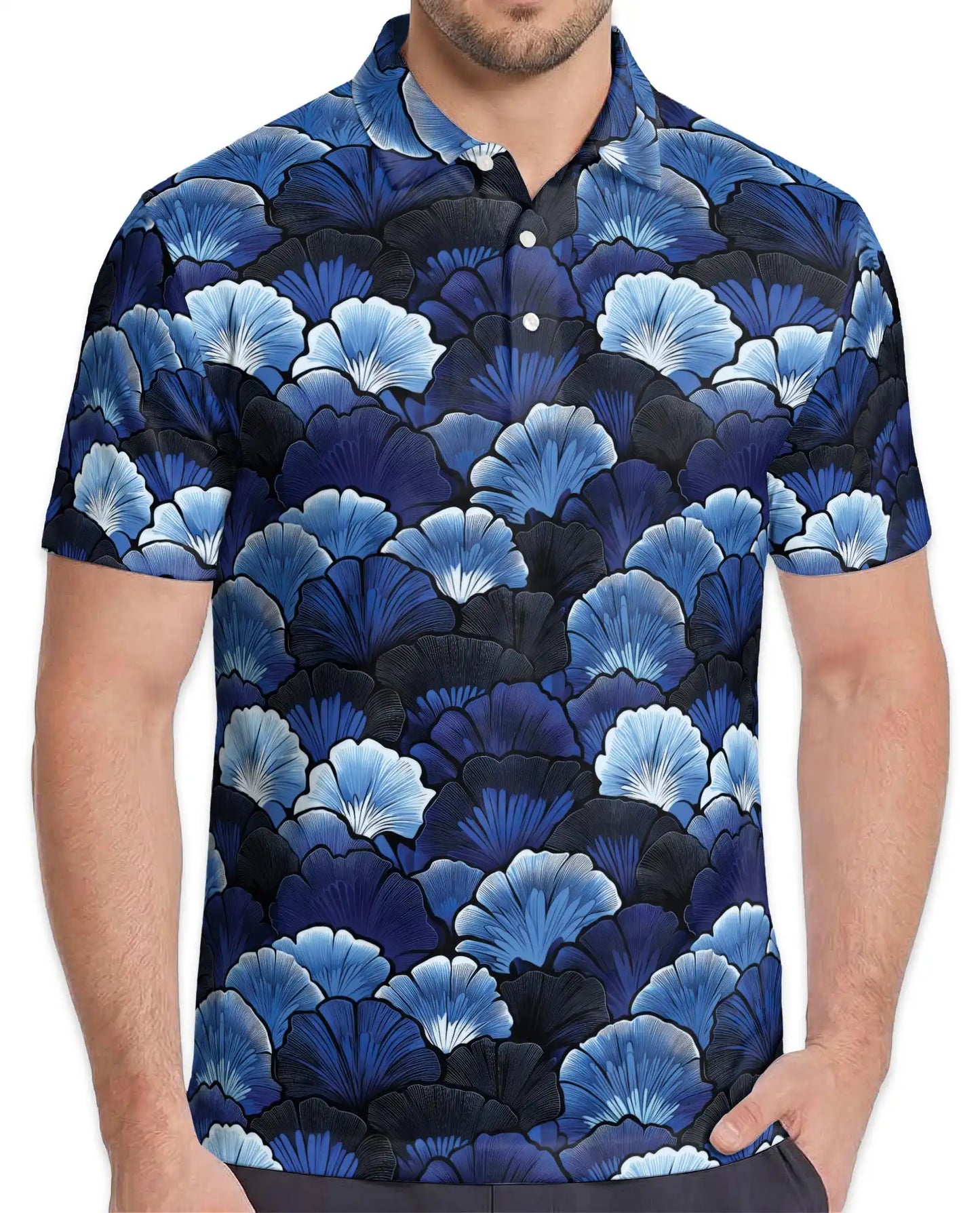 Blue Ginkgo Polo Shirt for Men – Elegant Botanical Style | Netecom