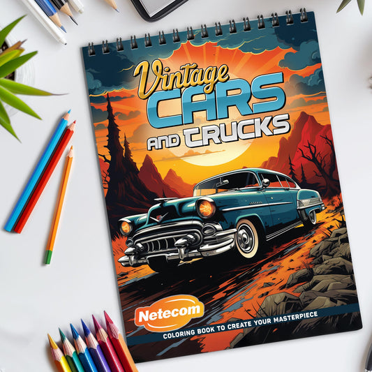 Vintage Cars and Trucks Spiral Bound Coloring Book, Retro Cars and Trucks for a Stylish Coloring Journey, Perfect for Vehicle Enthusiasts and History Buffs