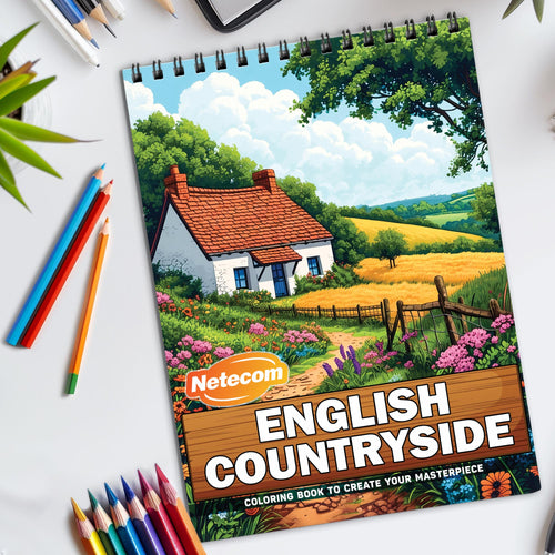 English Countryside Spiral Bound Coloring Book, Tranquil English Countryside Scenes, Ideal for Relaxation