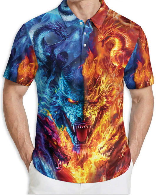 Fire and Ice Dragon 3D Polo Shirt for Men – Fantasy Mythical Beast Style | Netecom