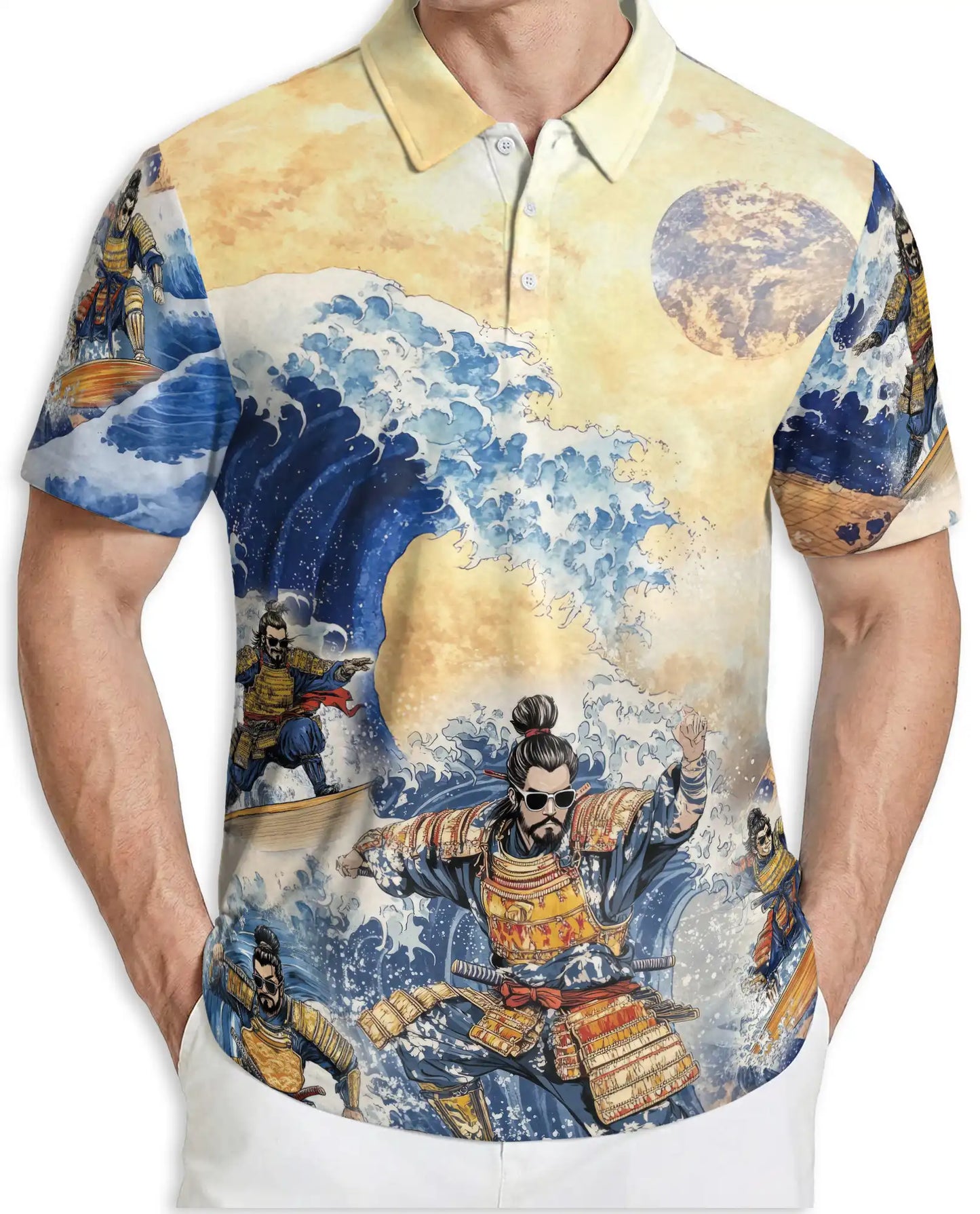 Japanese Samurai Wave 3D Polo Shirt for Men – Great Ocean Warrior Art Style | Netecom