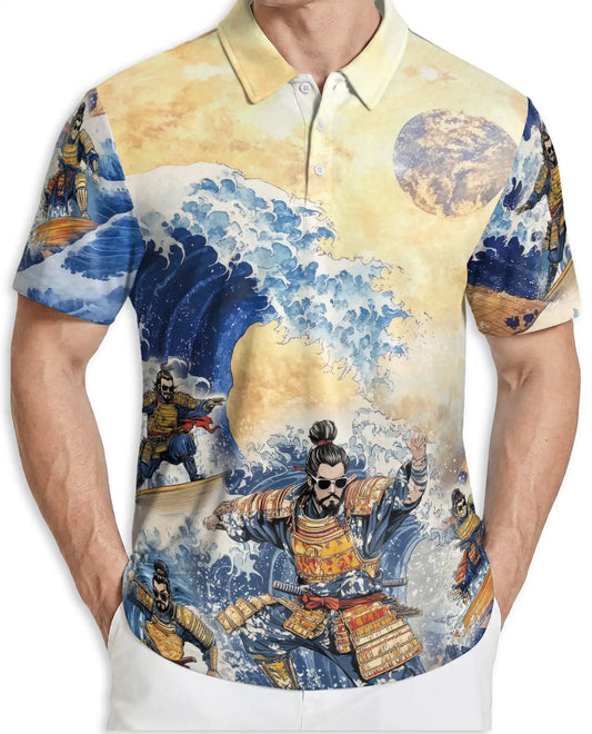Japanese Samurai Wave 3D Polo Shirt for Men – Great Ocean Warrior Art Style | Netecom