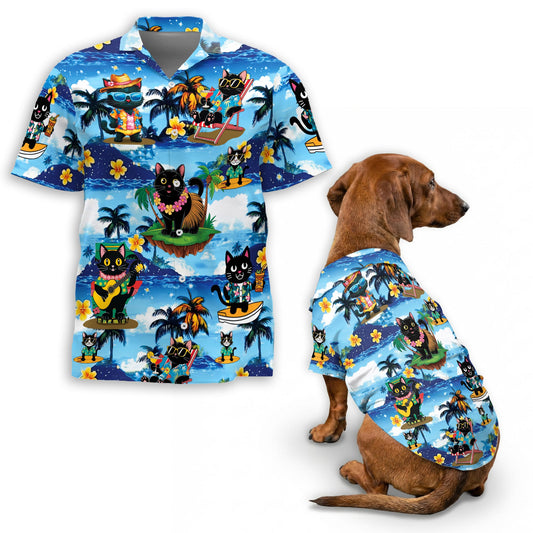 Netecom Matching Black Cat Beach Hawaiian Shirt for Dog and Owner, Aloha Summer Shirt, 3D Cat Print Outfit for Pet and Human, Beach Vacation Casual Wear