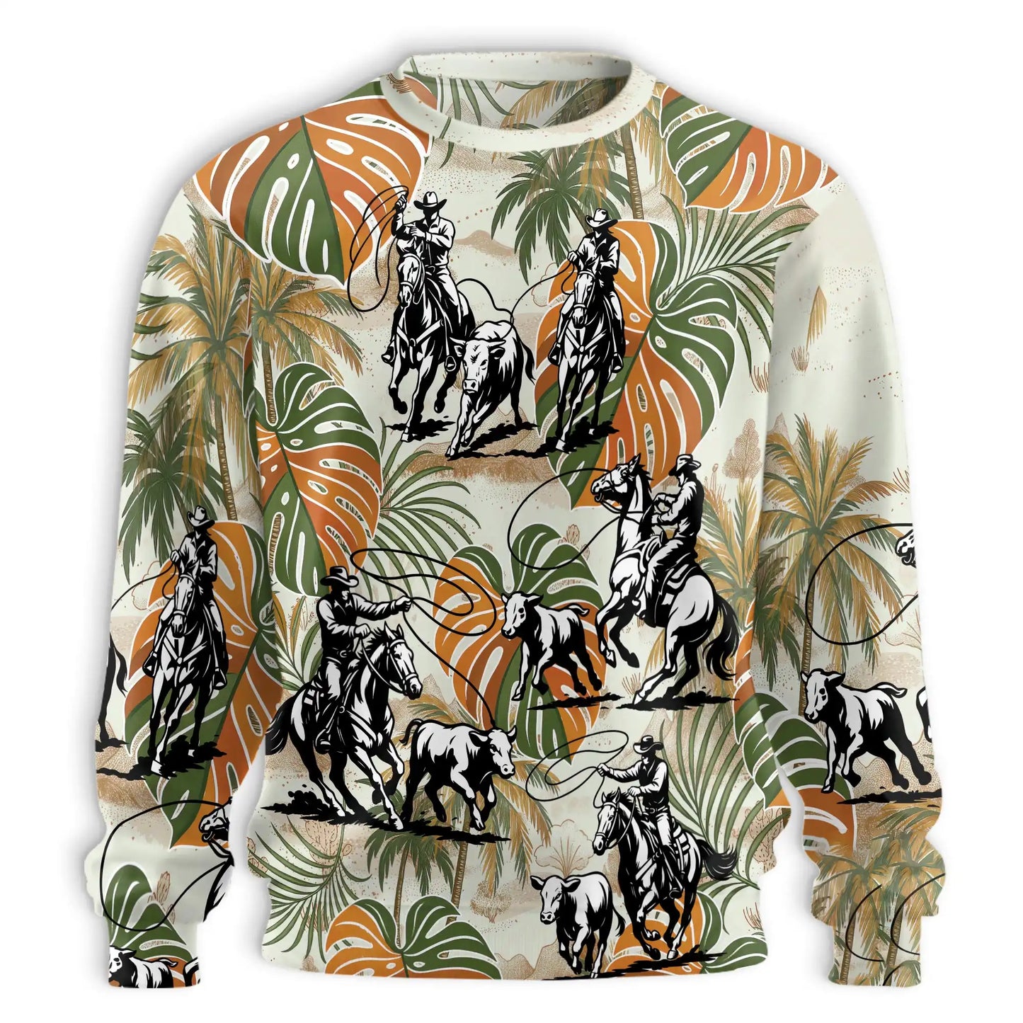 Roping Colorful Leaves Sweatshirt, 3D All Over Print Western Rodeo Floral Crewneck Pullover for Men Women, Roping Lover Gift - Netecom