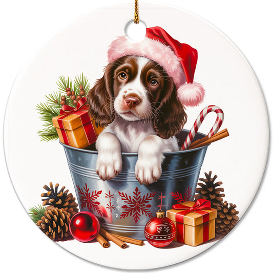 Netecom Cute English Springer Spaniel in Bucket Ornament, Dog with Santa Hat Ceramic Ornament for Christmas Tree Hanging Decorations Gift, Puppy Lover Gifts, Home Decor, Holiday Party Present