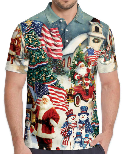 Patriotic Christmas Polo Shirt – Santa and American Flag Print | Netecom