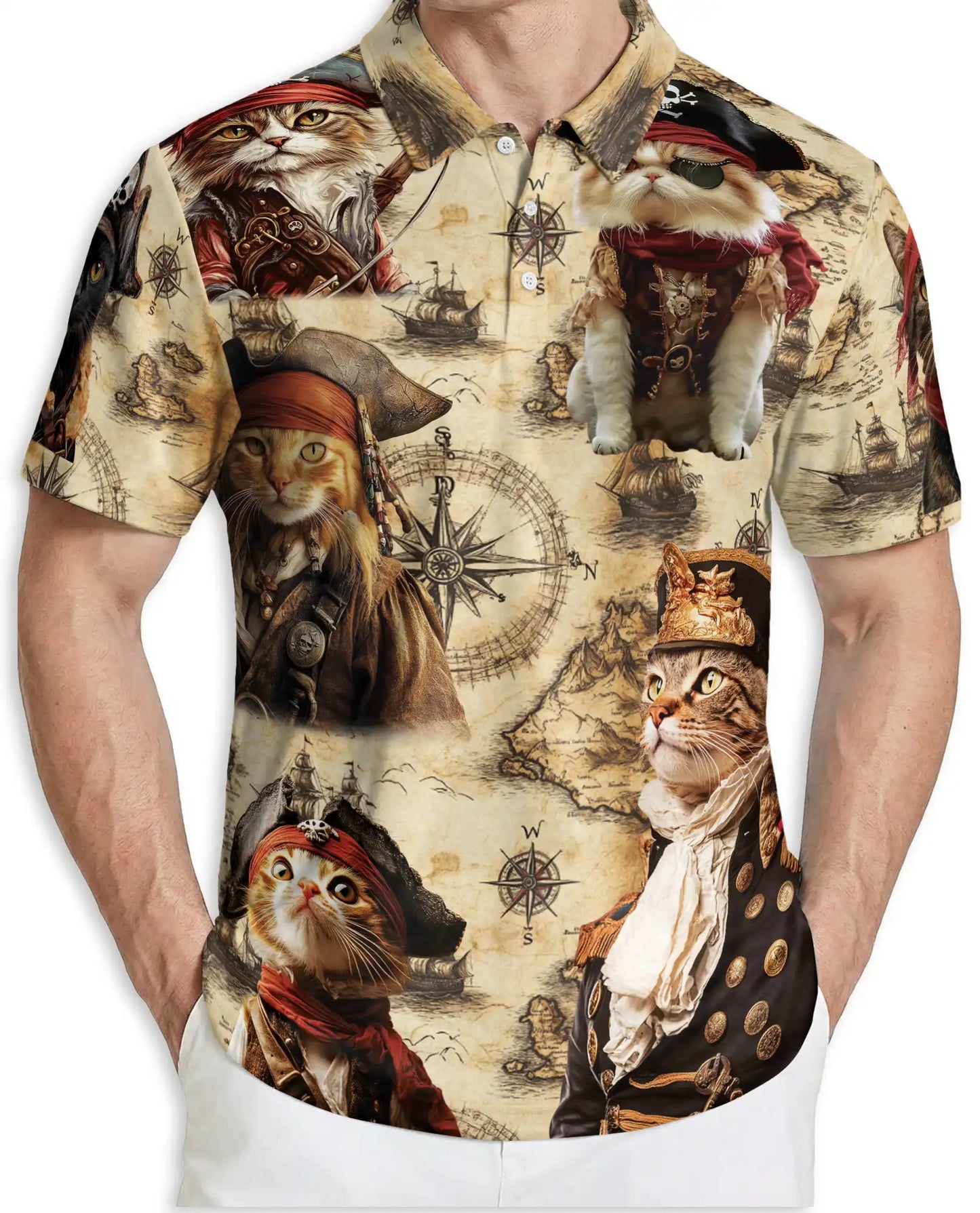Pirate Cat 3D Polo Shirt for Men – Vintage Nautical Adventure Style | Netecom