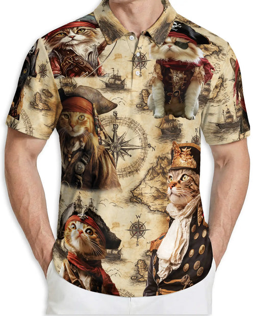 Pirate Cat 3D Polo Shirt for Men – Vintage Nautical Adventure Style | Netecom