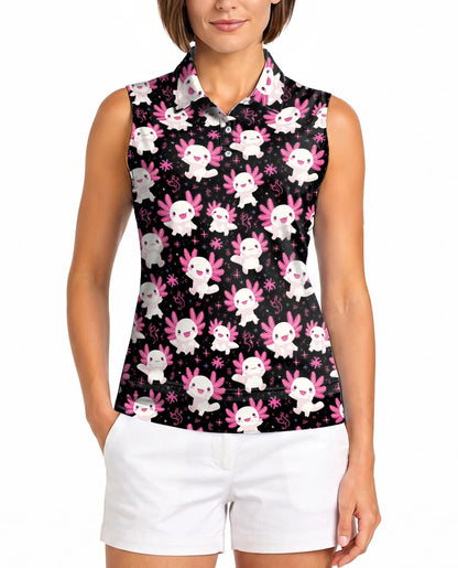 Axolotl Pattern Sleeveless Polo Shirt for Women – Cute Aquatic Animal Style | Netecom