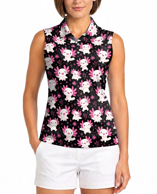 Axolotl Pattern Sleeveless Polo Shirt for Women – Cute Aquatic Animal Style | Netecom
