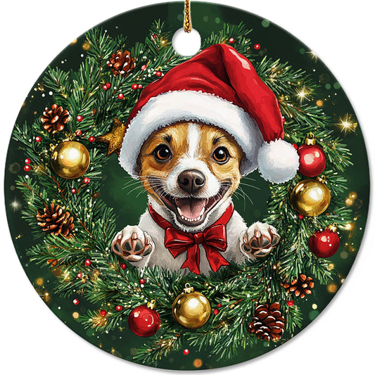 Netecom Funny Jack Russell Terrier Christmas Ornament, Dog Santa Hat Ceramic Ornament for Xmas Tree Hanging Decorations Gift, Puppy Lover Gifts, Home Decor, Holiday Party Present