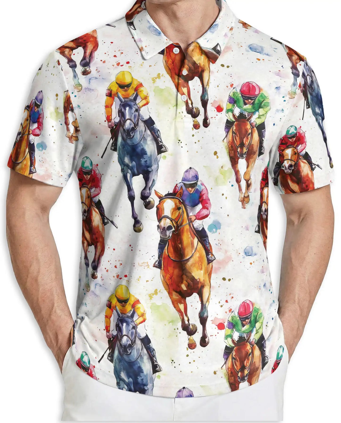 Watercolor Horse Racing 3D Polo Shirt for Men – Jockey Derby Sports Style | Netecom