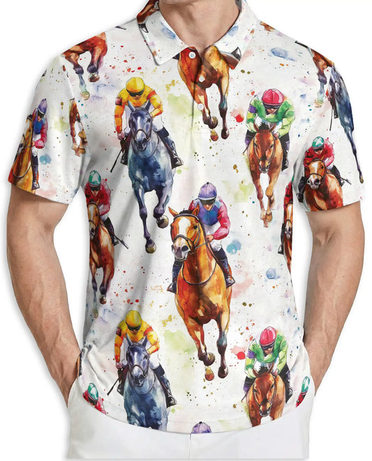 Watercolor Horse Racing 3D Polo Shirt for Men – Jockey Derby Sports Style | Netecom