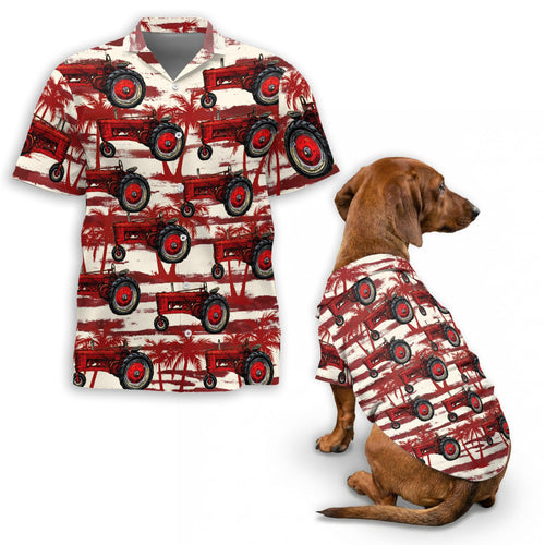 Netecom Matching Vintage Tractor Aloha Hawaiian Shirt for Dog and Owner, Aloha Summer Shirt, Retro Farm Tractor Print Outfit for Pet and Human, Beach Vacation Casual Wear