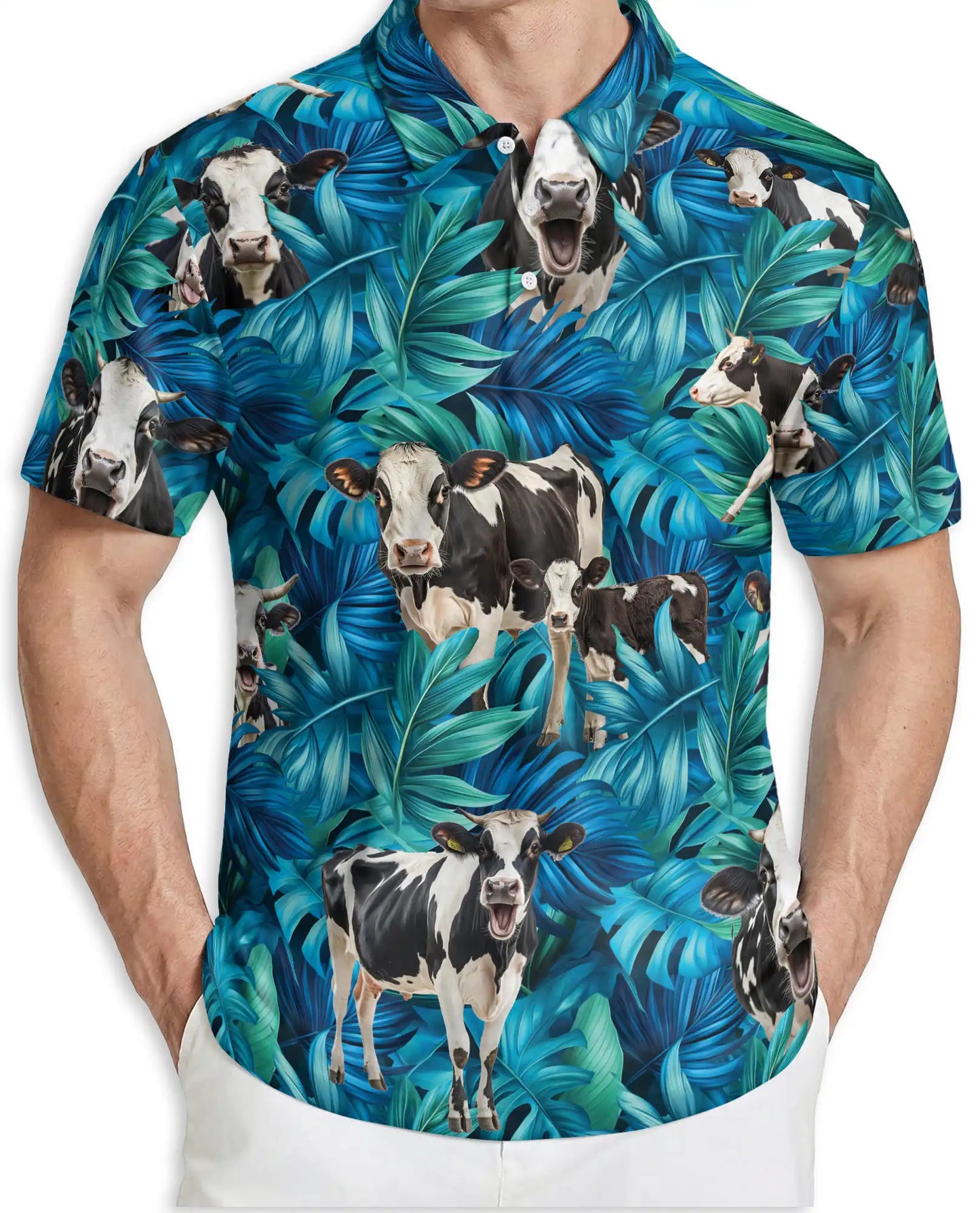 Cow Tropical Leaf 3D Polo Shirt for Men – Farm Animal Hawaiian Style | Netecom