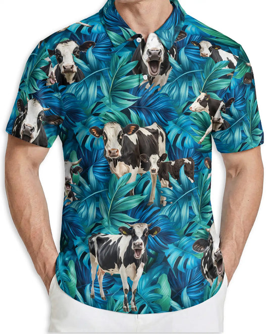 Cow Tropical Leaf 3D Polo Shirt for Men – Farm Animal Hawaiian Style | Netecom