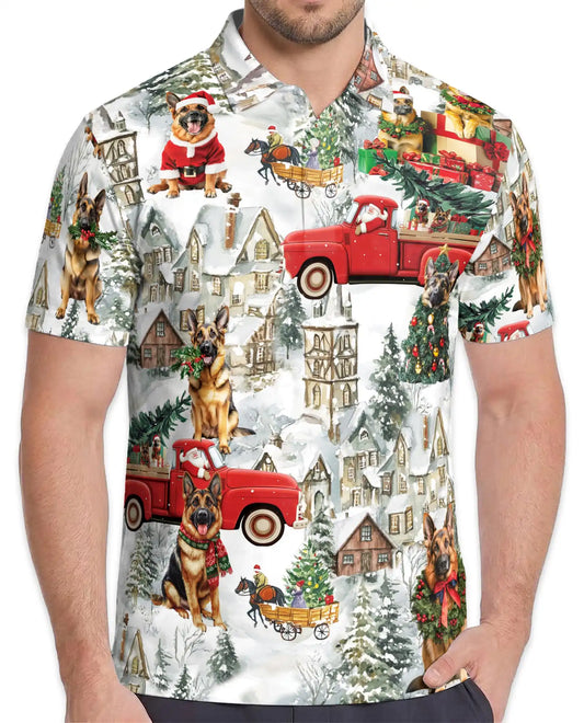 German Shepherd Christmas Polo Shirt – Winter Village Print | Netecom