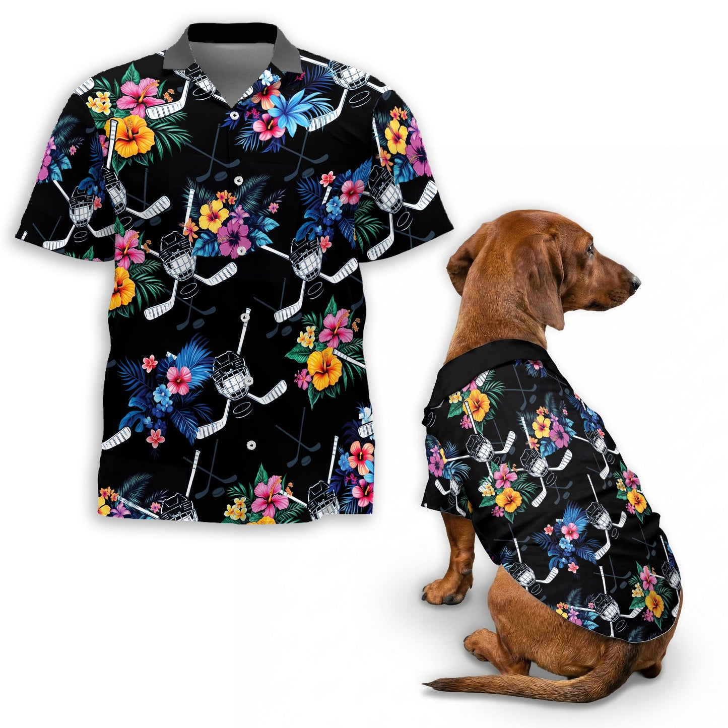 Netecom Matching Tropical Hockey Aloha Hawaiian Shirt for Dog and Owner, Aloha Summer Shirt, Sports Hockey Print Outfit for Pet and Human, Beach Vacation Casual Wear