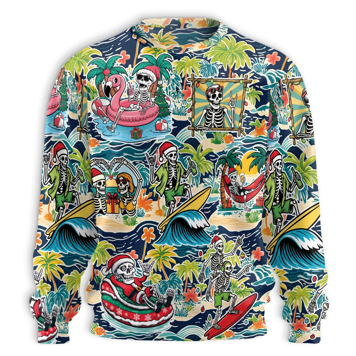 Christmas Skeleton Beach Sweatshirt, 3D All Over Print Tropical Holiday Crewneck Pullover for Men Women, Christmas Gift - Netecom
