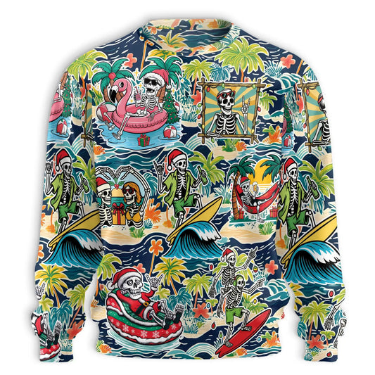 Christmas Skeleton Beach Sweatshirt, 3D All Over Print Tropical Holiday Crewneck Pullover for Men Women, Christmas Gift - Netecom