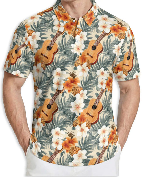 Tropical Ukulele Polo Shirt for Men-Print Hibiscus Pineapple | Netecom
