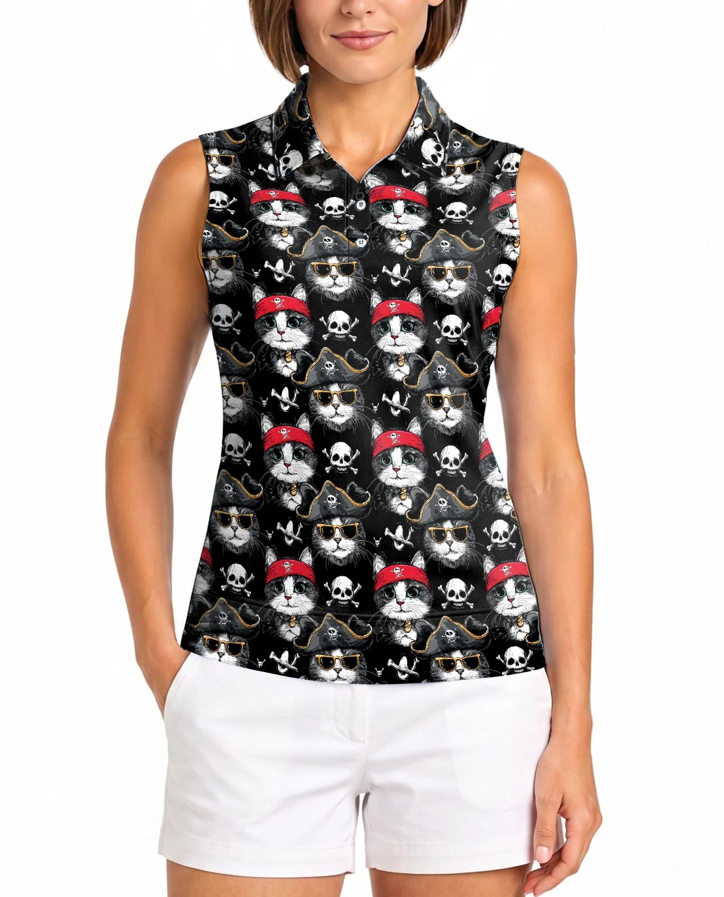 Pirate Cat Sleeveless Polo Shirt for Women | Netecom