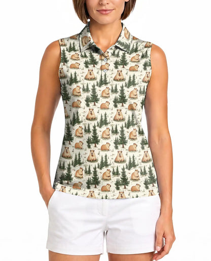 Watercolor Capybara Forest Pattern Sleeveless Polo Shirt for Women| Netecom