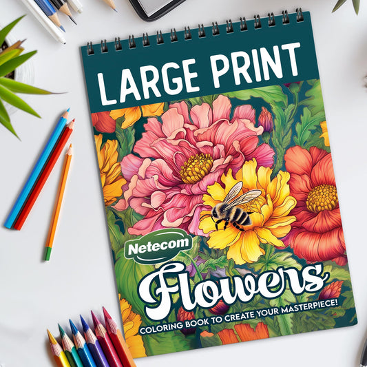 Large Print Flowers Spiral Bound Coloring Book, Beautiful Floral Scenes in Large Print, Ideal for Easy and Relaxing Coloring, Perfect for Flower Lovers