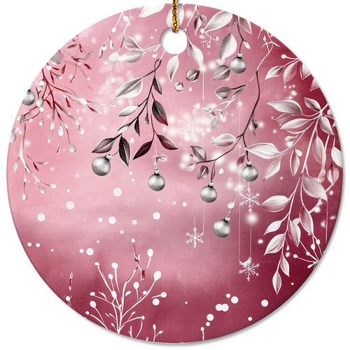Netecom Elegant Pink Ornament, Ceramic Silver Holly Berries and Baubles Keepsake Ornament for Xmas Tree Decorations, Gifts for Holiday, Party, Home Decor