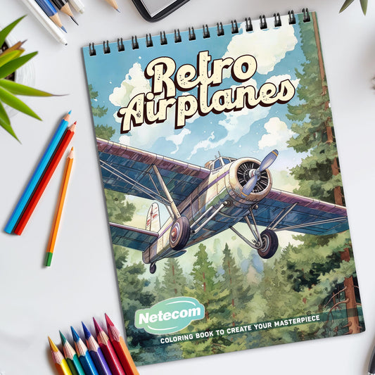 Retro Airplanes Spiral Bound Coloring Book, Vintage Airplane Scenes for Nostalgic Coloring, Great for Aviation Fans and History Buffs