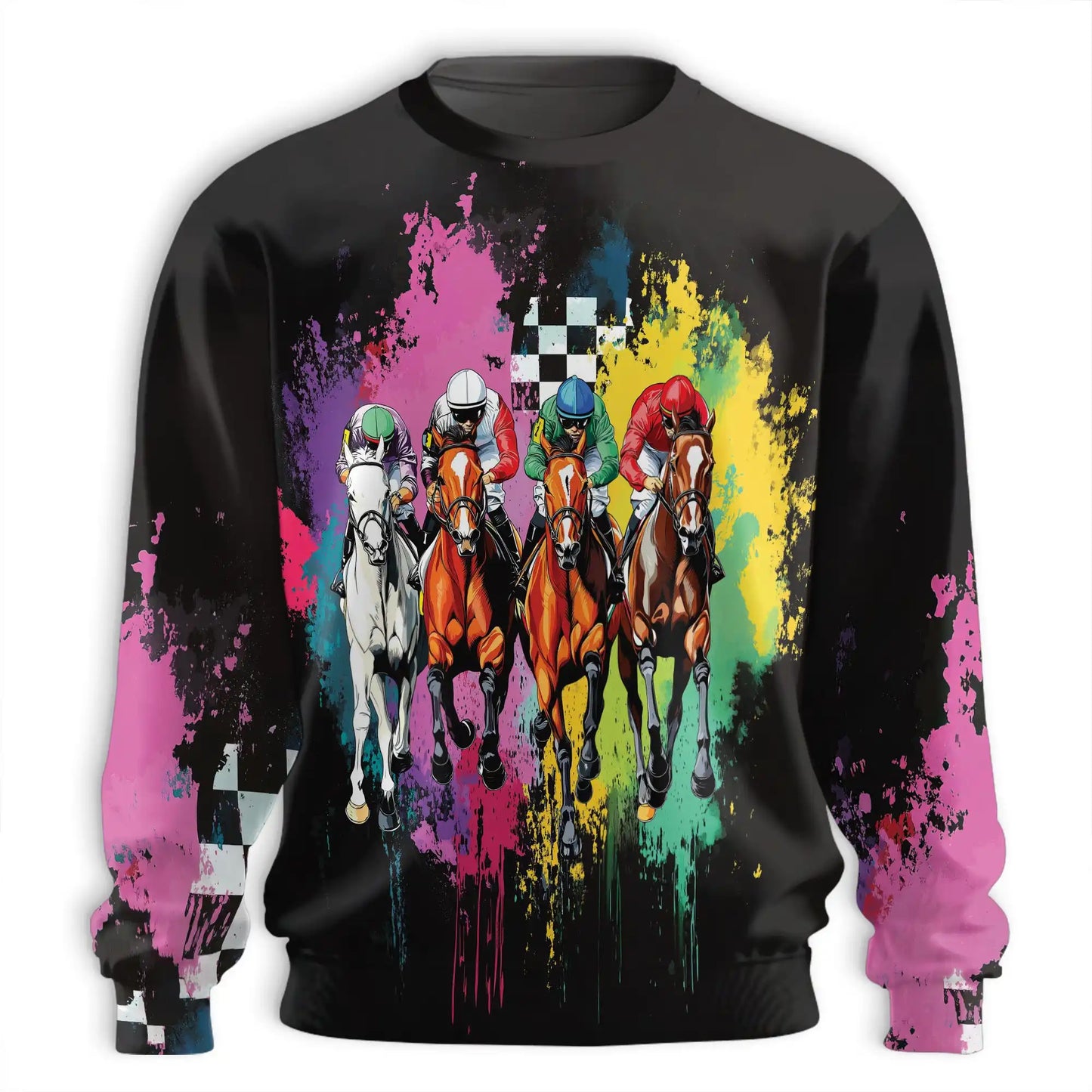 3D Colorful Horse Racing Sweatshirt, All Over Print Vibrant Equestrian Sports Crewneck Pullover for Men Women, Horse Racing Lover Gift - Netecom