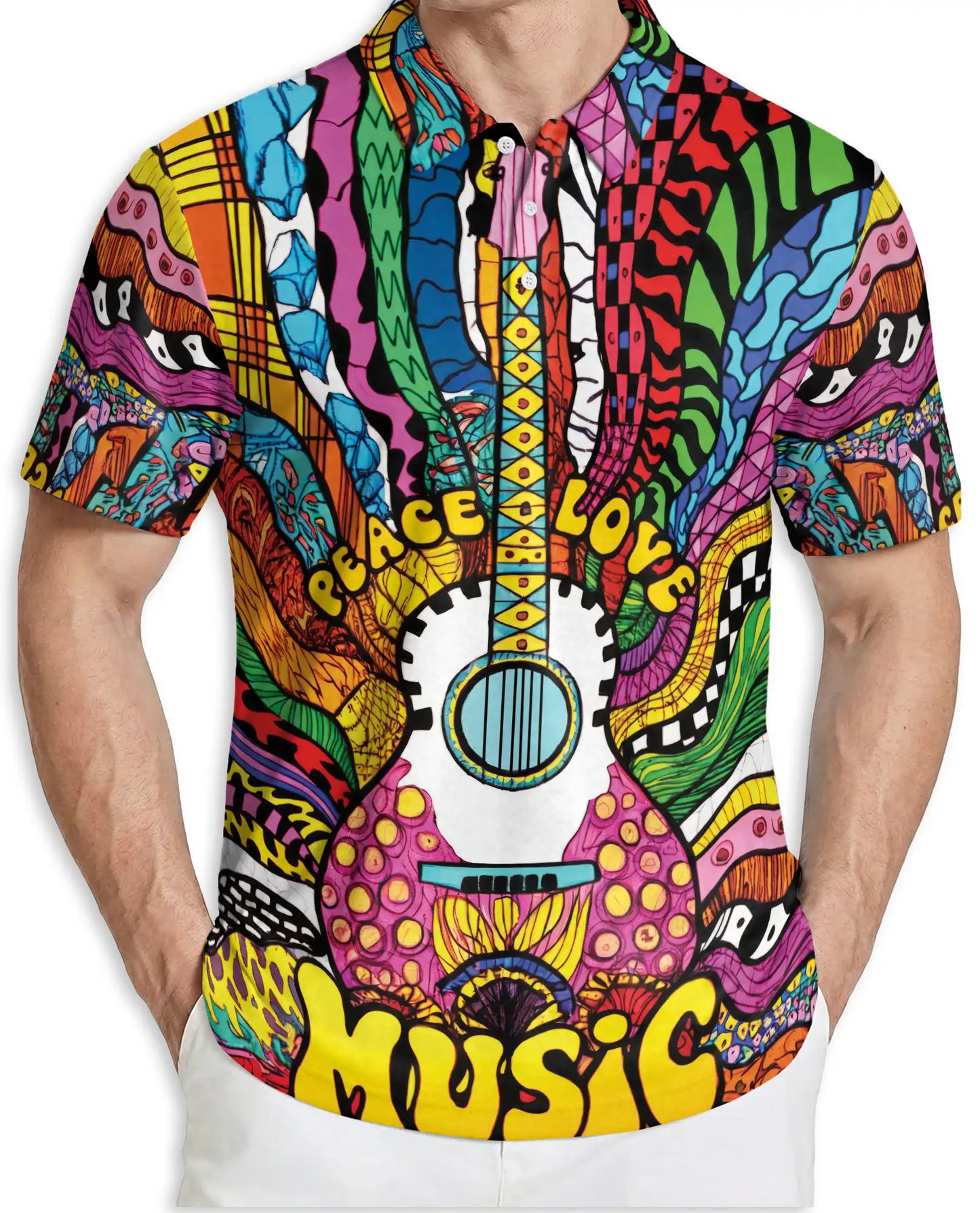 Psychedelic Music 3D Polo Shirt for Men – Colorful Guitar Art Style | Netecom