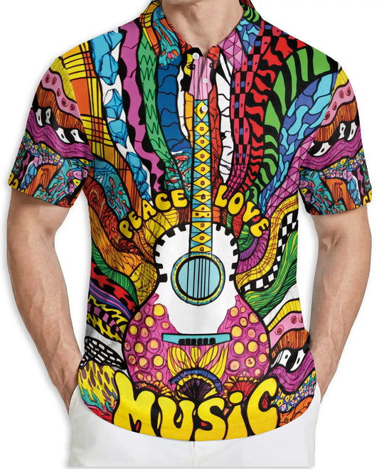 Psychedelic Music 3D Polo Shirt for Men – Colorful Guitar Art Style | Netecom