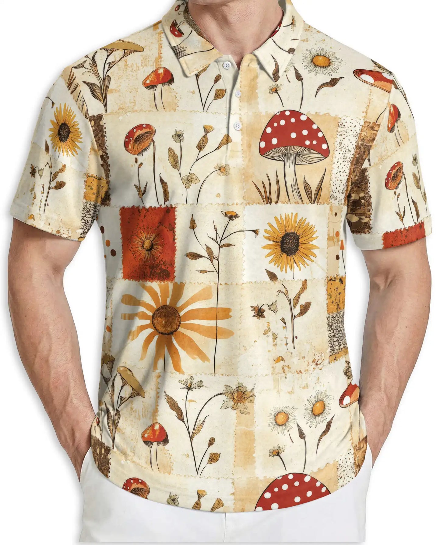 Vintage Mushroom Polo Shirt – Botanical Wildflower Print | Netecom
