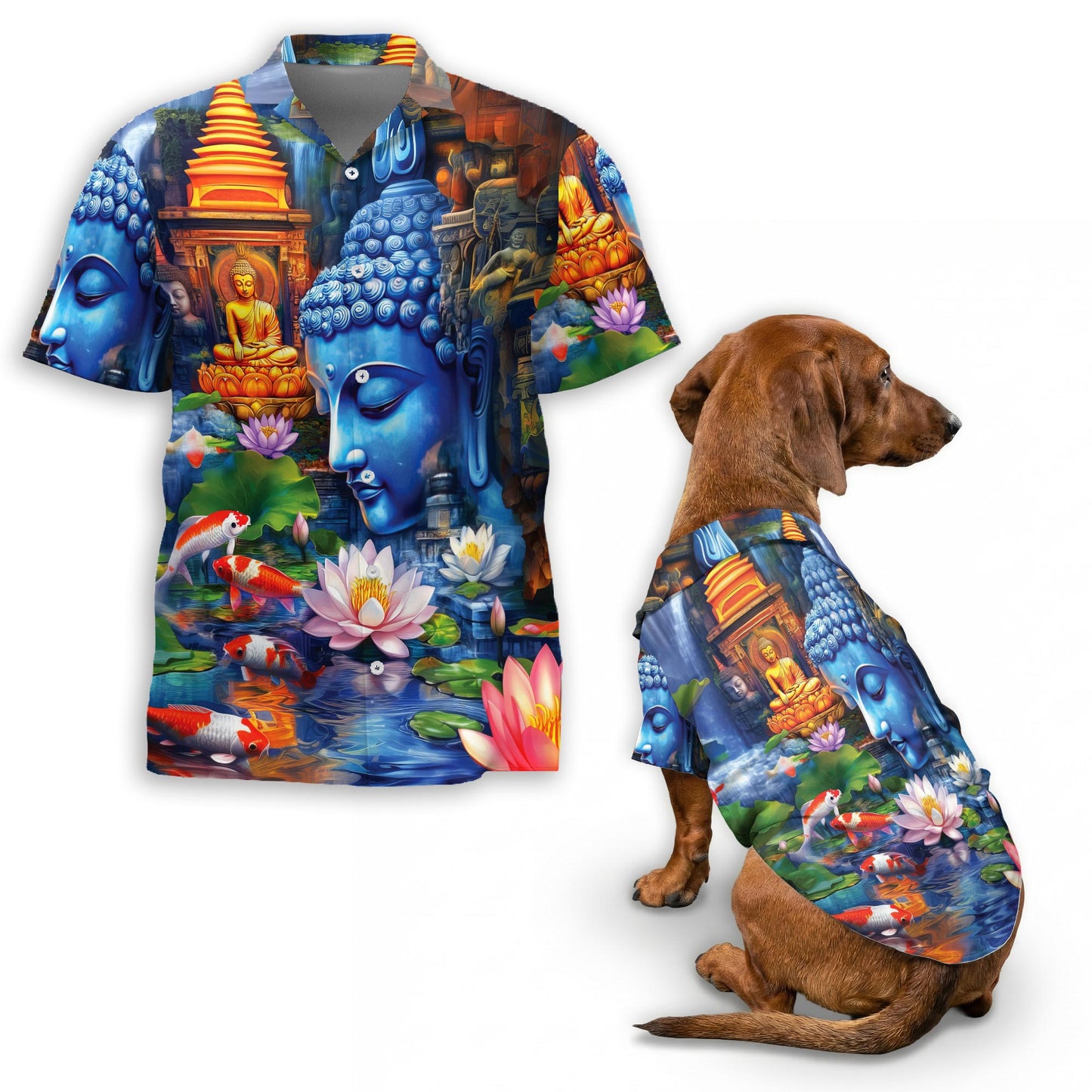 Netecom Matching Buddha Hawaiian Shirt for Dog and Owner, What You Think You Become Aloha Summer Shirt, Zen Print Button Down Outfit for Pet and Human, Beach Vacation Casual Wear