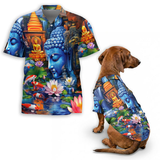 Netecom Matching Buddha Hawaiian Shirt for Dog and Owner, What You Think You Become Aloha Summer Shirt, Zen Print Button Down Outfit for Pet and Human, Beach Vacation Casual Wear