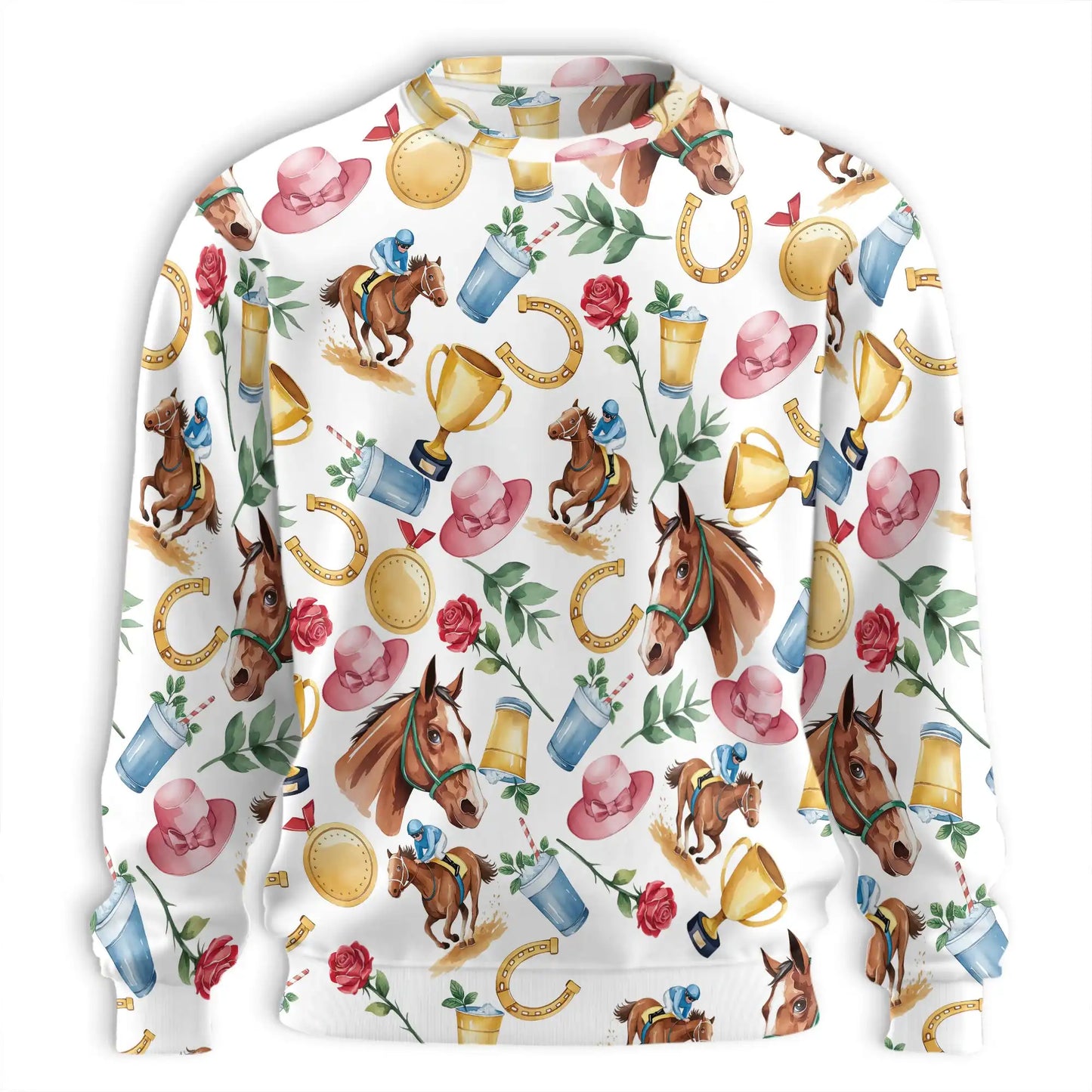 Horse Racing Elements Pattern Sweatshirt, 3D All Over Print Equestrian Sports Crewneck Pullover for Men Women, Horse Racing Lover Gift - Netecom