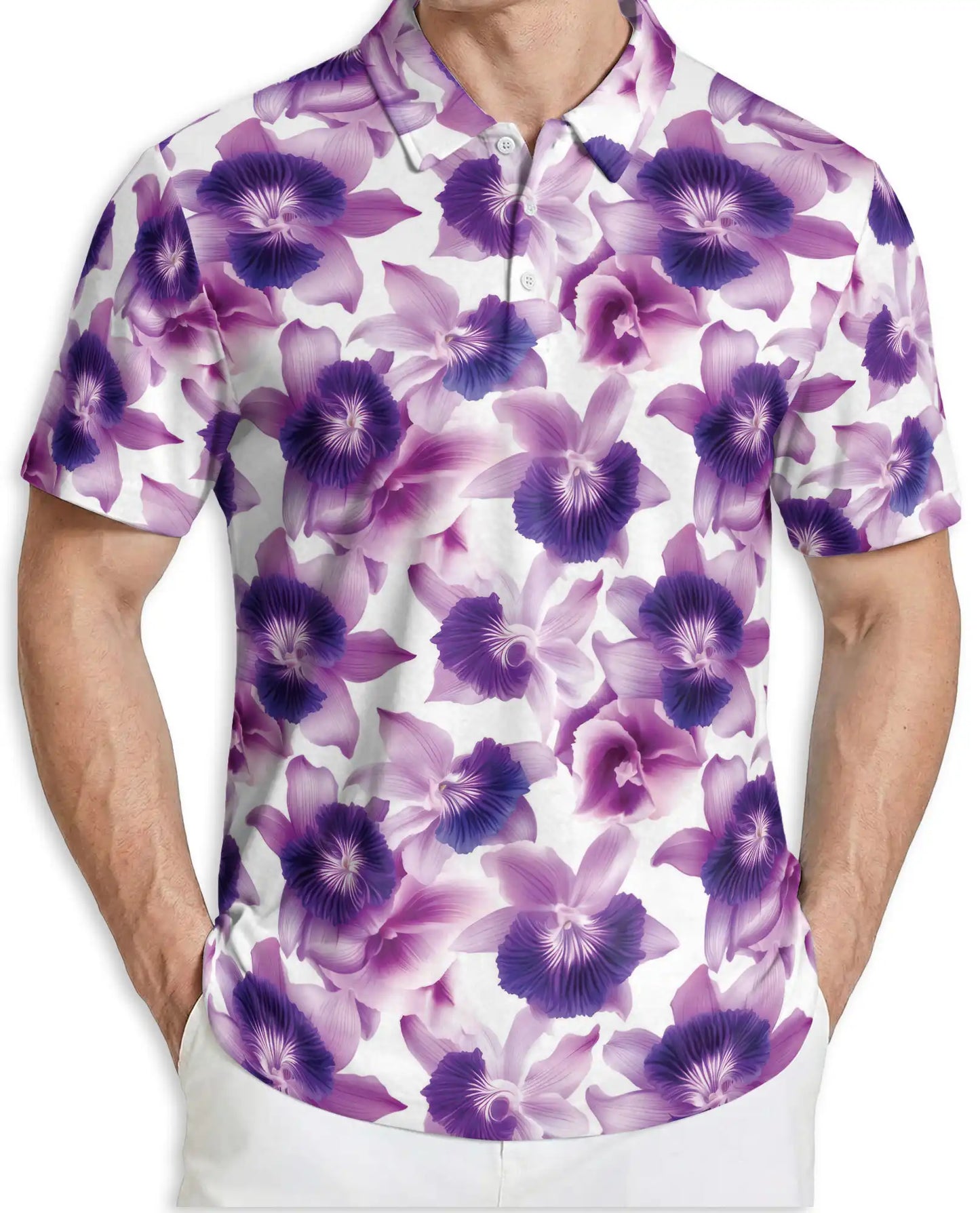 Purple Orchid Floral Polo Shirt for Men-Tropical Flower Botanical Summer | Netecom