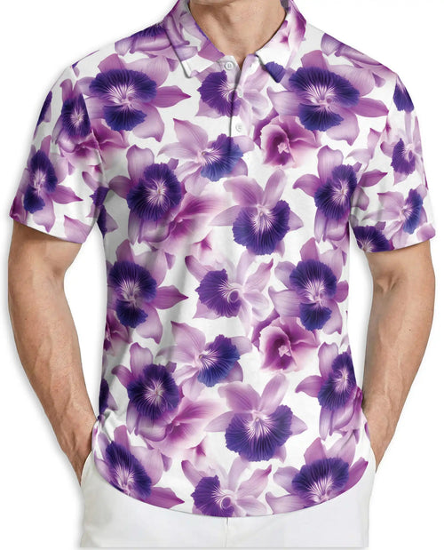 Purple Orchid Floral Polo Shirt for Men-Tropical Flower Botanical Summer | Netecom