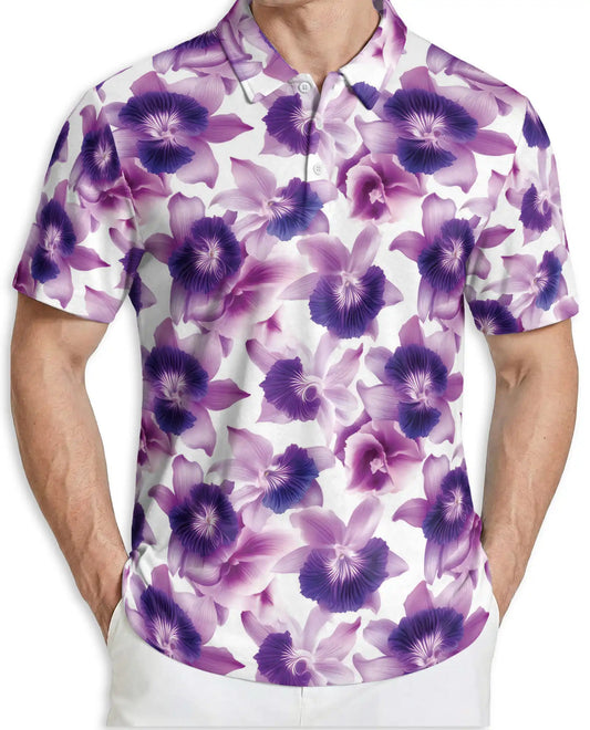 Purple Orchid Floral Polo Shirt for Men-Tropical Flower Botanical Summer | Netecom