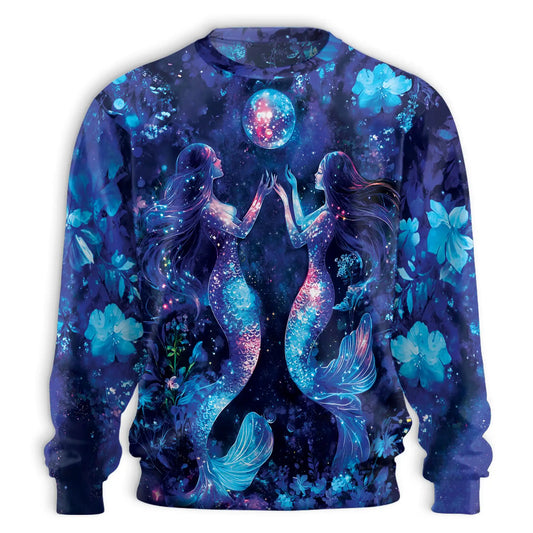Floral Mermaid Sweatshirt, 3D All Over Print Black Fantasy Sea Crewneck Pullover for Men Women, Mermaid Lover Gift - Netecom