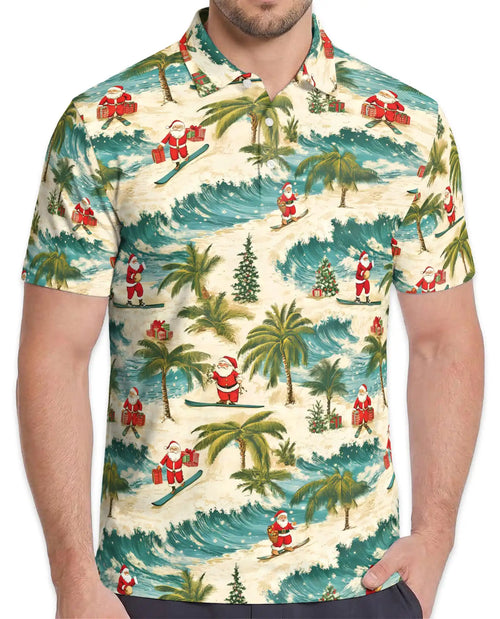 Tropical Christmas Polo Shirt – Santa Surfing Beach Print | Netecom