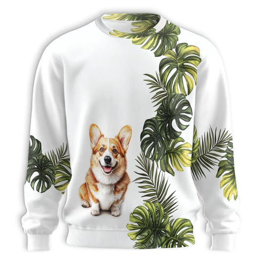 Corgi Monstera Leaves Sweatshirt, 3D All Over Print Tropical Plant Dog Crewneck Pullover for Men Women, Corgi Lover Gift - Netecom