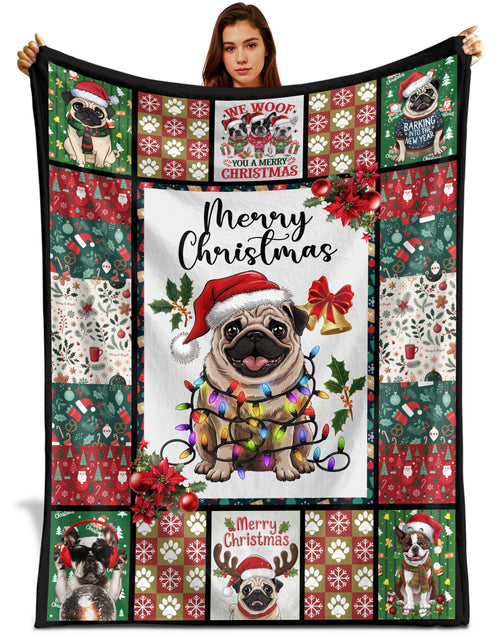 Netecom Santa Pug Dog Christmas Blanket, Holiday Dog Lover Throw Blanket for Couch, Bed or Sofa, Ultra Soft Warm Gift for Christmas and Holiday