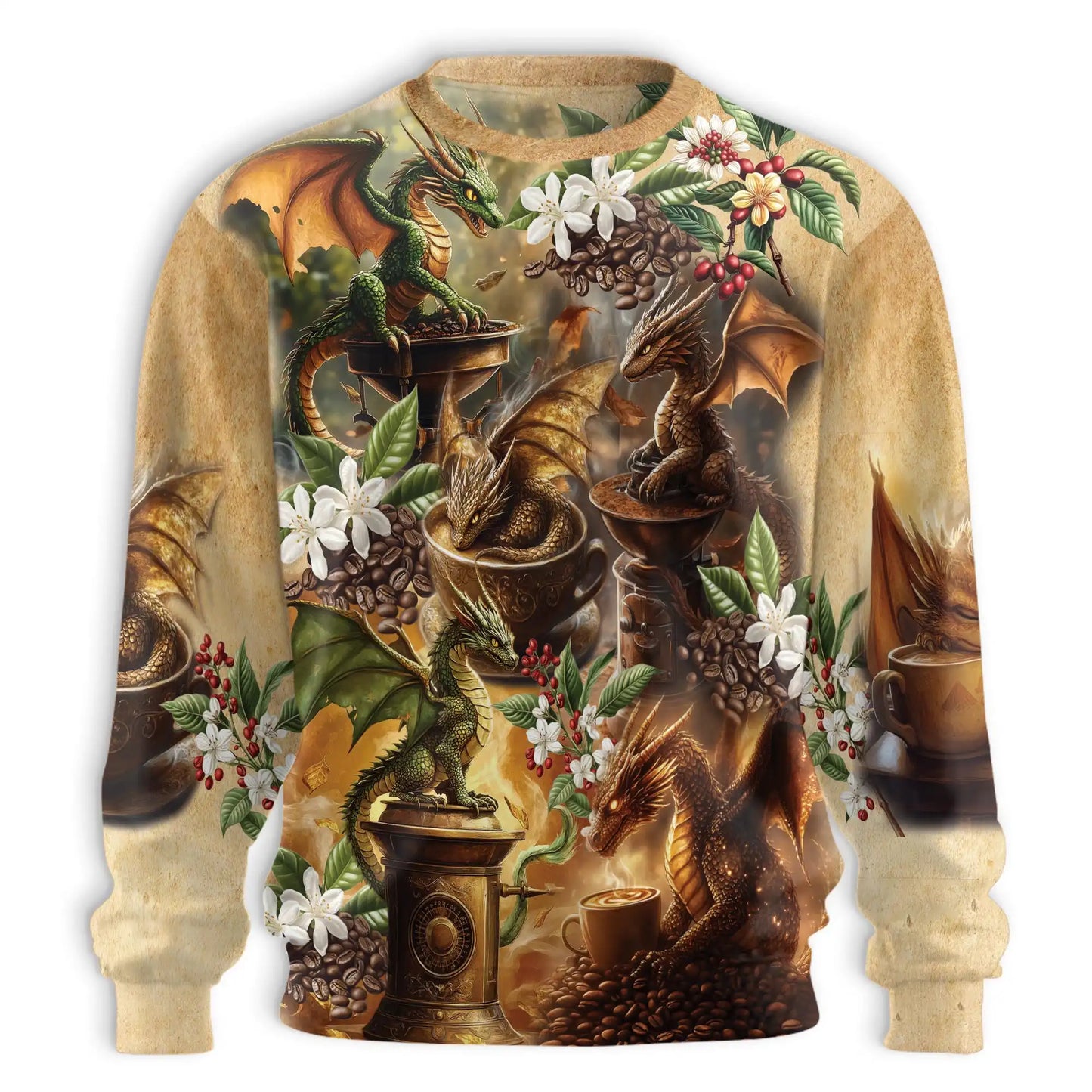 Dragon Coffee Lovers Sweatshirt, 3D All Over Print Fantasy Coffee Crewneck Pullover for Men Women, Coffee Lover Gift - Netecom