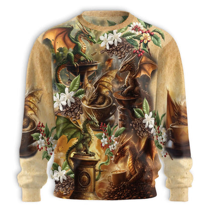 Dragon Coffee Lovers Sweatshirt, 3D All Over Print Fantasy Coffee Crewneck Pullover for Men Women, Coffee Lover Gift - Netecom