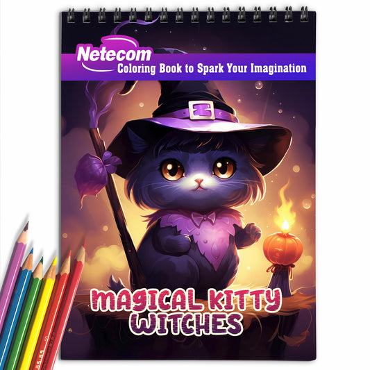 Magical Kitty Witches Spiral Bound Coloring Book, Unleash Your Creativity with 30 Charming Pages Filled with Enchanting Tales of Kitty Witchcraft.