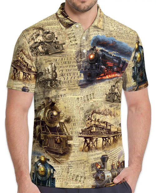Vintage Train Polo Shirt for Men – Steam Locomotive Art | Netecom