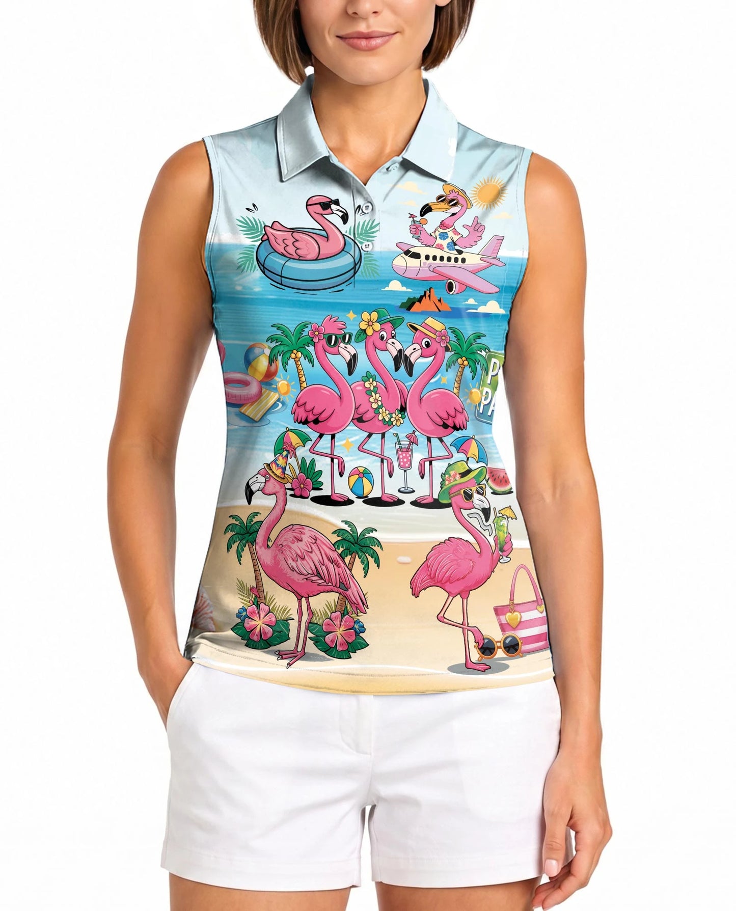 Flamingo Cocktails Beach Sleeveless Polo Shirt for Women – Tropical Summer Style | Netecom