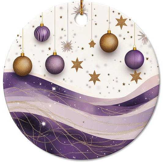 Netecom Elegant Purple and Gold Abstract Baubles Christmas Ornaments, Ceramic Hanging Balls with Glitter Star Keepsake Ornament for Xmas Tree Decorations, Gifts for Holiday, Party, Home Decor